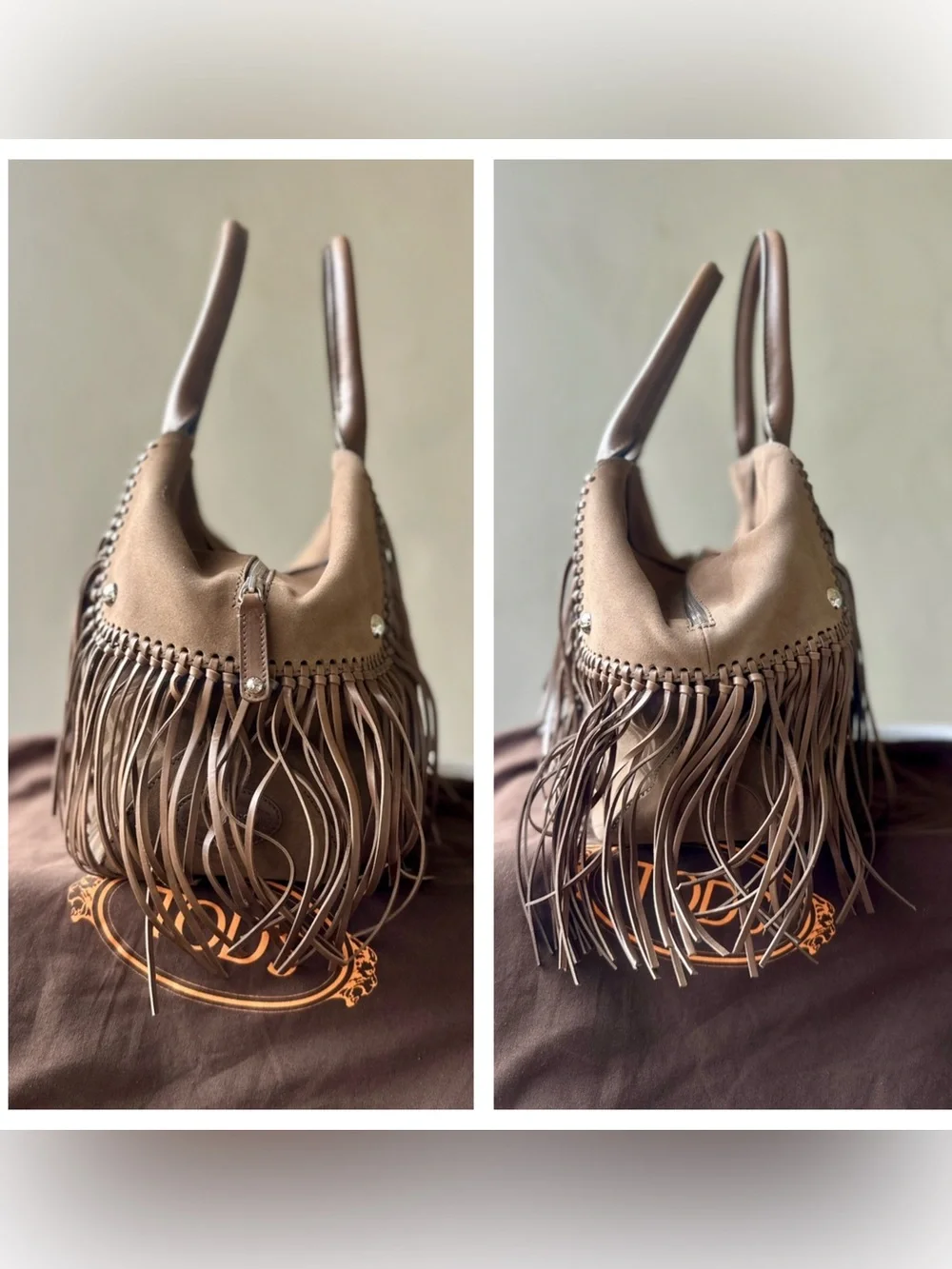 ❌SOLD! ❌TOD’S Large Fringe Cape Bag Suede Leather Satchel Brown - Picture 3 of 14
